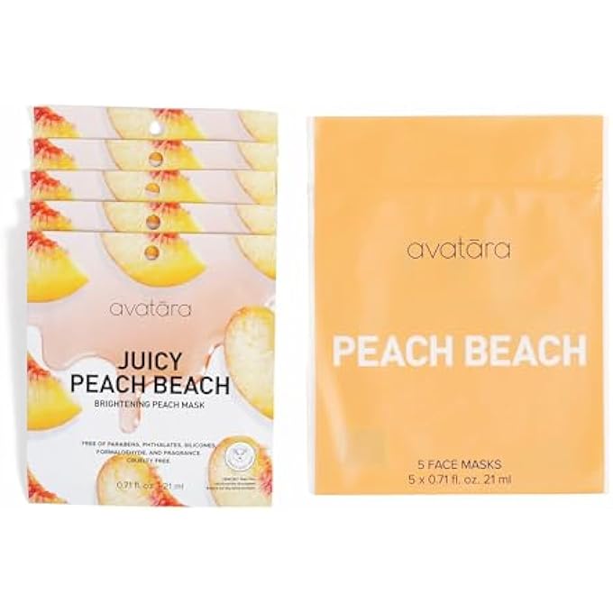 Avatara - JUICY PEACH BRIGHTENING FACIAL MASK, HYDRATING MASK, SHEET MASKS WITH PEACH EXTRACT AND HYALURONIC ACID, FACE MASK SKINCARE MADE WITH NATURAL TENCEL FIBER, PARABEN-FREE, 5 SHEETS - Image 1